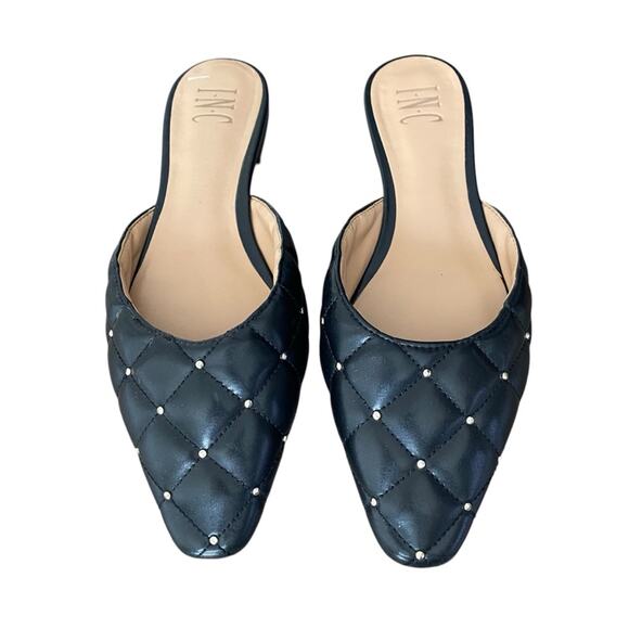 INC International Concepts Black Faux Leather Quilted Studded Mule Flats size 9 - Picture 1 of 7